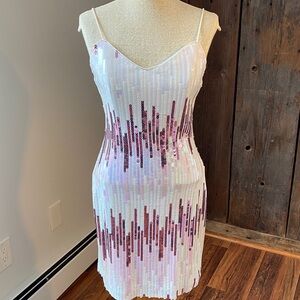Vintage Juniors sequin spaghetti strap mini dress by Jump white and pink Sz 9/10